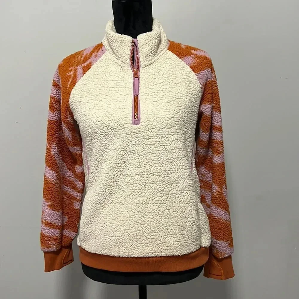 Athleta Girl Cream/Orange Long Sleeve So Snug Sherpa Half Zip Size X-Large/14